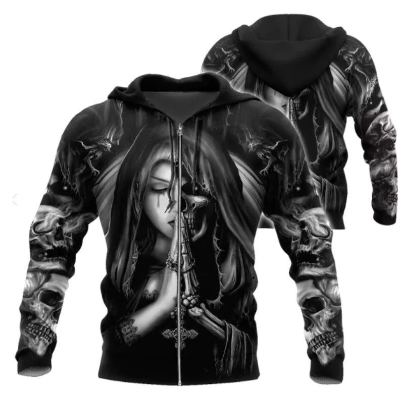 Halloween skull anime 3D graphic print on black hooded sweatshirt with long sleeves