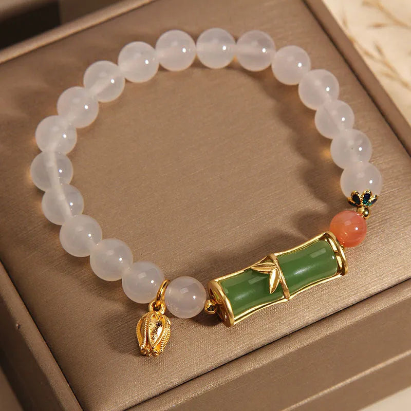 Women's jade bracelet with white agate stones in bamboo bead design