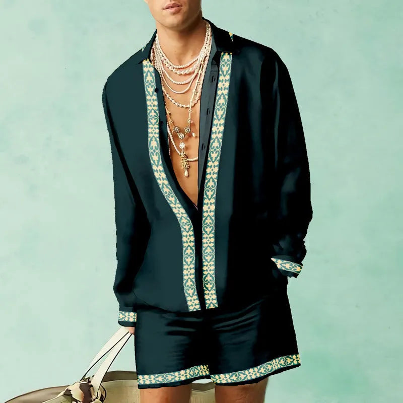 Men's blue polyester summer casual suit set featuring a long-sleeve shirt and matching shorts on a hanger.