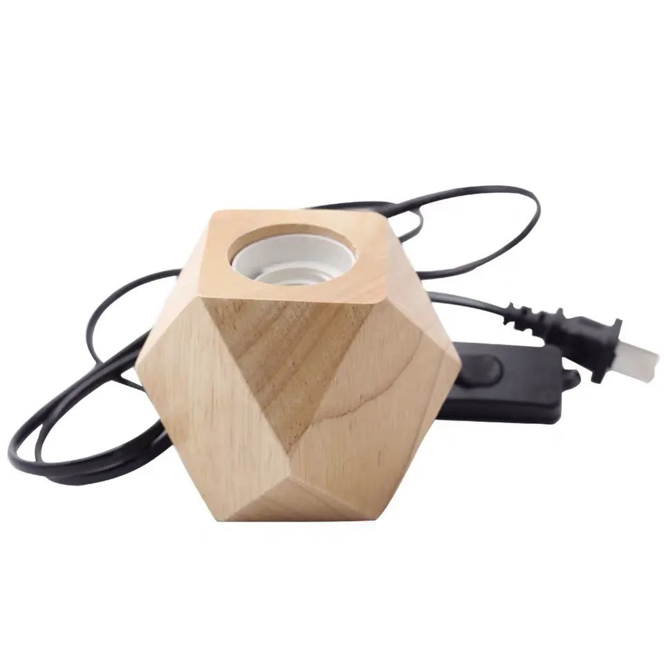 Wooden lamp holder showing square and diamond styles with switch options at 75x80mm dimensions