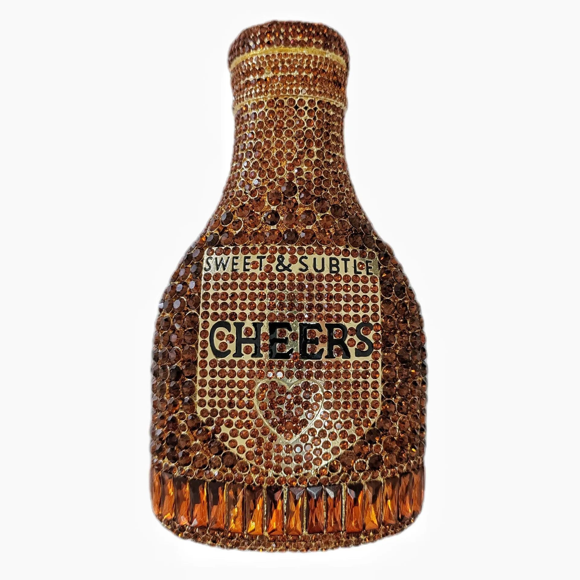 Gold rhinestone champagne bottle shaped evening clutch bag with wrist strap on a dark background.