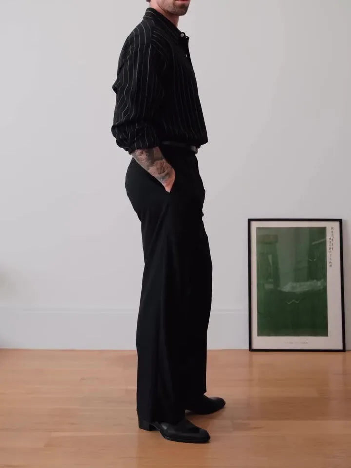 Men's black pinstripe button-down shirt with regular fit and long sleeves