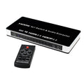 Black four input one output HDMI switch with remote control and power adapter