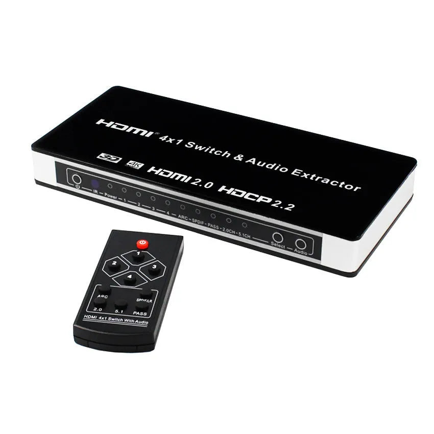 Black four input one output HDMI switch with remote control and power adapter