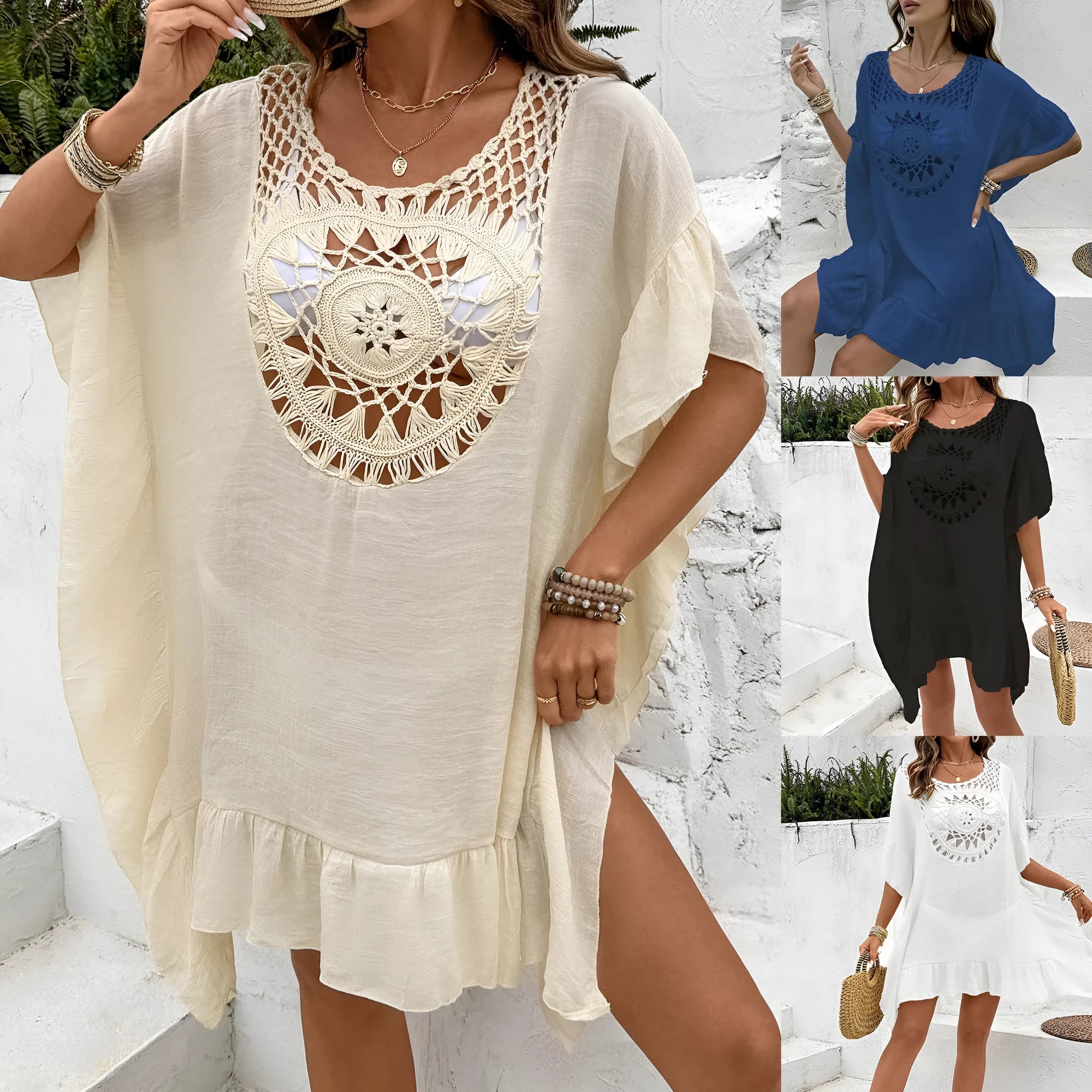 Women's crochet tassel patchwork swimsuit dress in slubbed fabric, shown in apricot colour