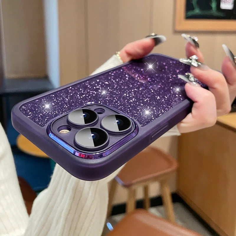 Transparent glitter silver iPhone case with magnetic ring on a smartphone.