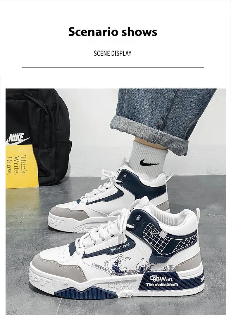 Men's high-top casual board shoes in beige, white, and blue with flat rubber soles and lace-up front