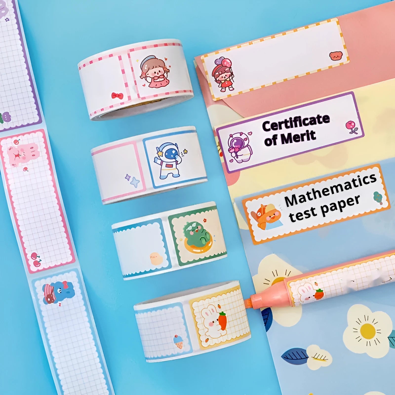 Roll of cartoon adhesive name tape stickers showing Dinosaur, Astronaut, Rabbit, and Girl designs.