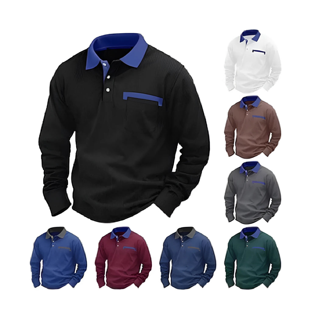 Man wearing a long-sleeve waffle-texture polo shirt in a loose retro fit, showing asymmetric design detail.