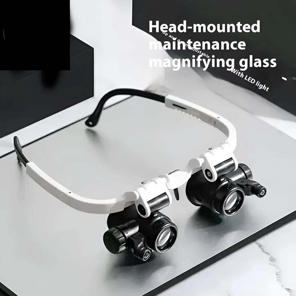 White head mounted magnifying glass with adjustable band and built-in LED light for close-up repair work