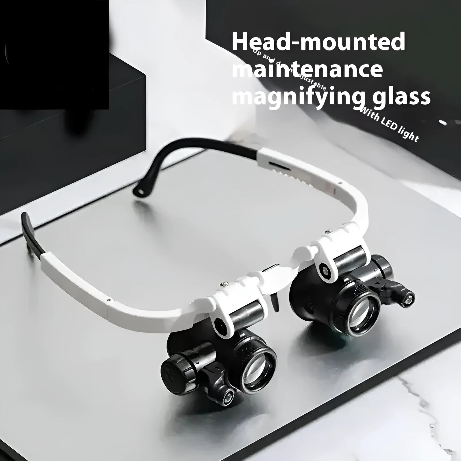 White head mounted magnifying glass with adjustable band and built-in LED light for close-up repair work