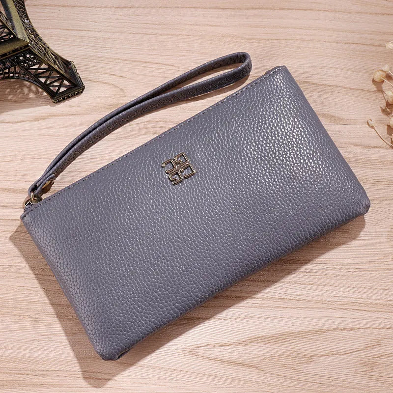 Long black PU leather phone wallet handbag with a zipper and sewing line detailing
