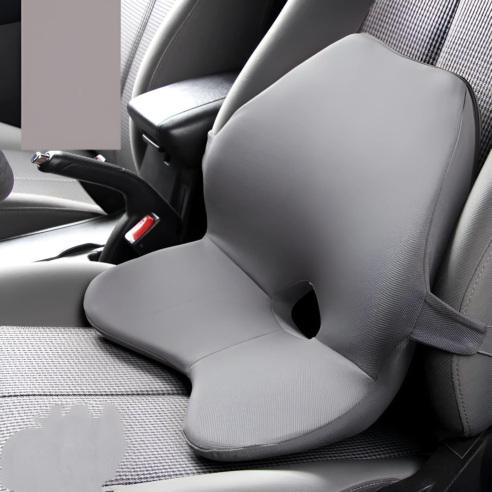 Memory foam car seat cushion set showing waist pad and headrest in neutral colours