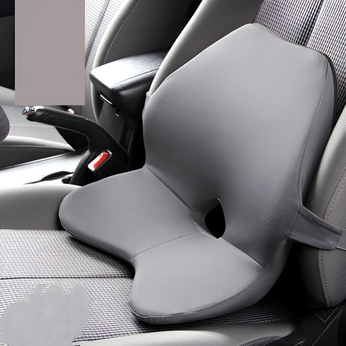 Memory foam car seat cushion set showing waist pad and headrest in neutral colours