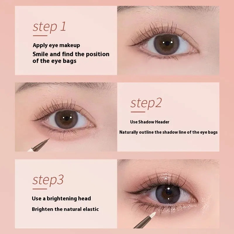 Double headed liquid eyeliner pen with stereoscopic design in pearlescent Floating Platinum and Raw Nude Apricot colours