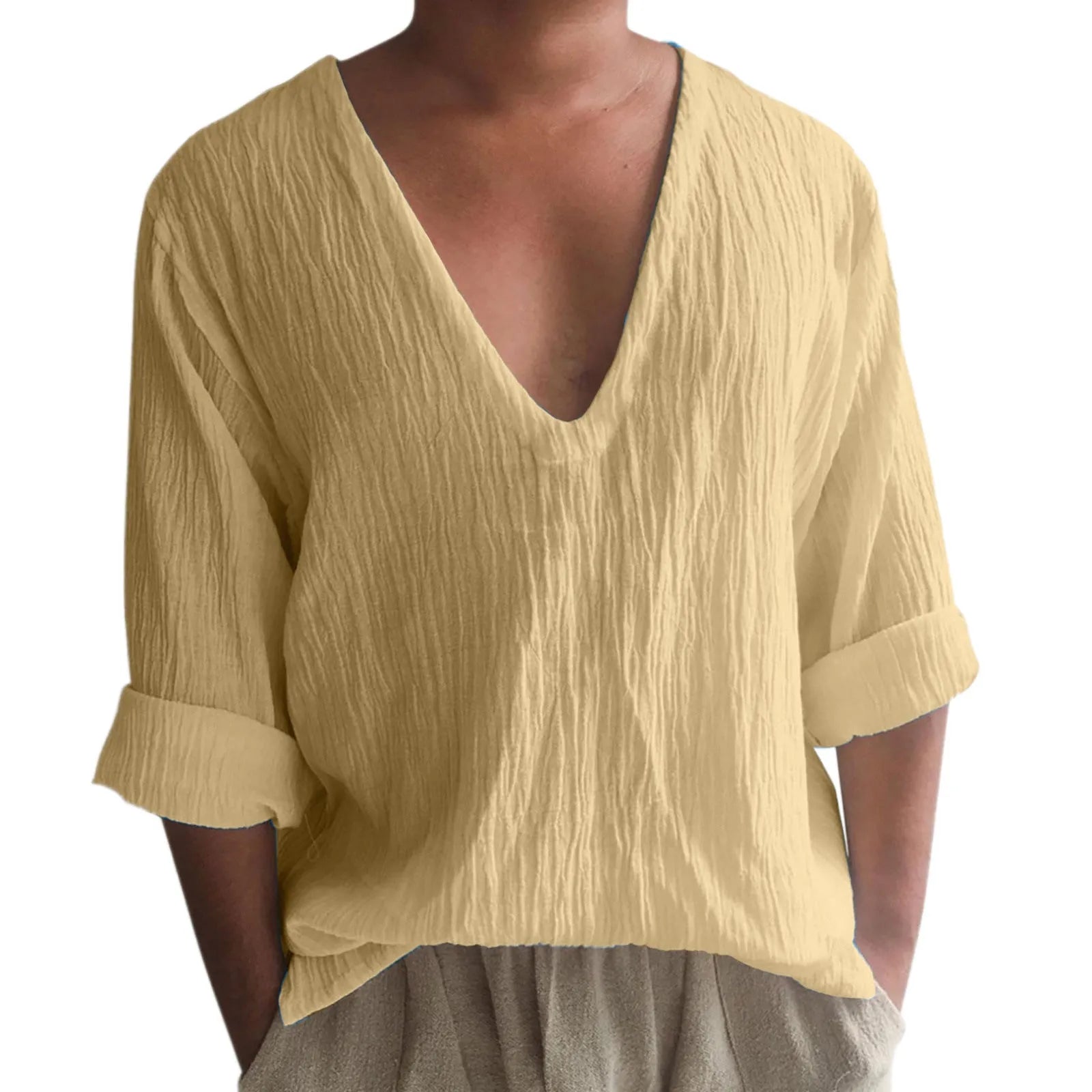 Men's long sleeve V-neck t-shirt in washed cotton solid colour.