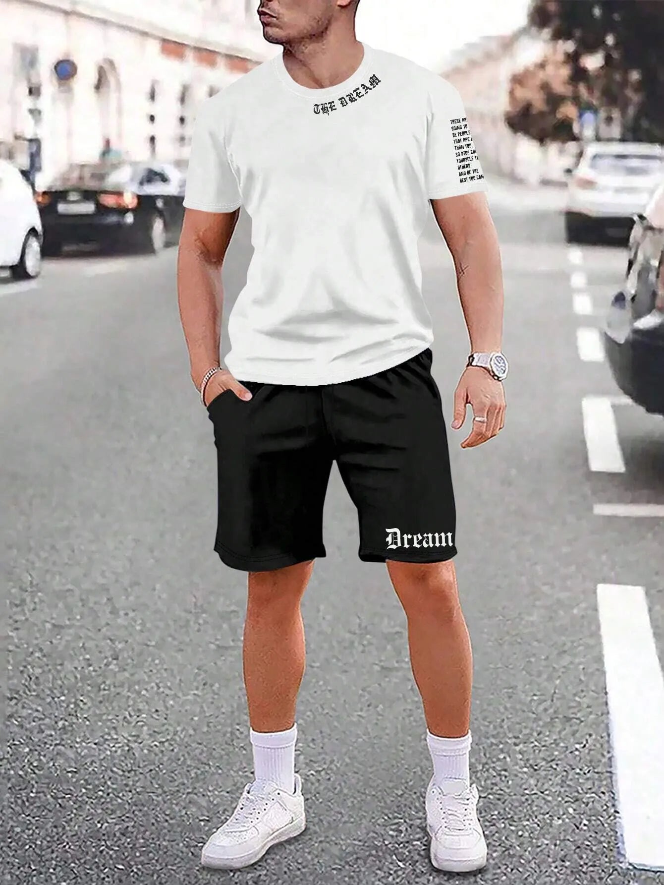 Lightweight quick-dry short-sleeved top and matching shorts sports set on a neutral background.