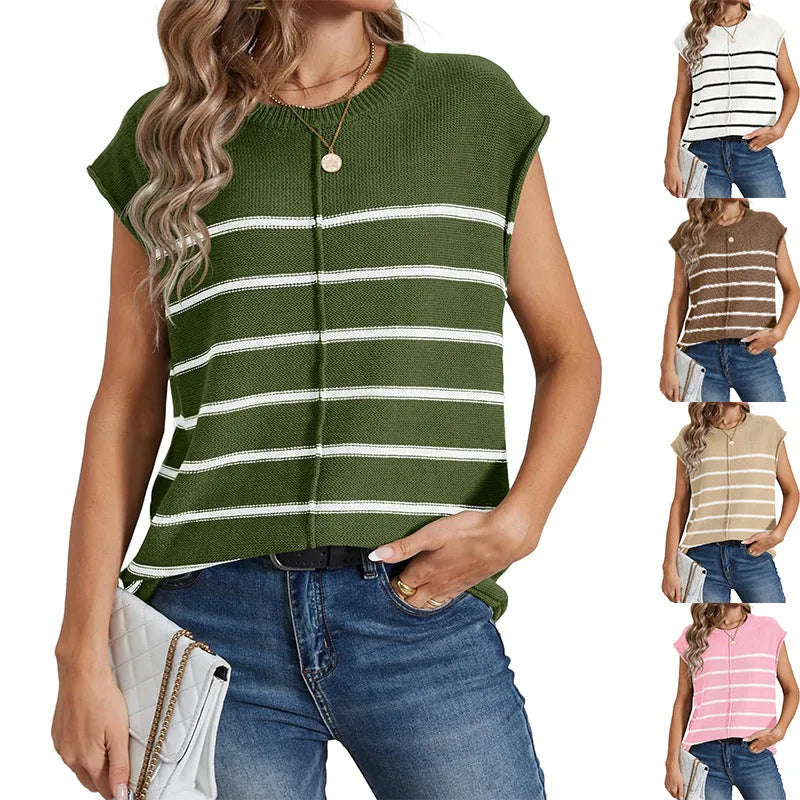 Women's striped sleeveless pullover casual top in apricot colour showing striped seam bone stitching detail.