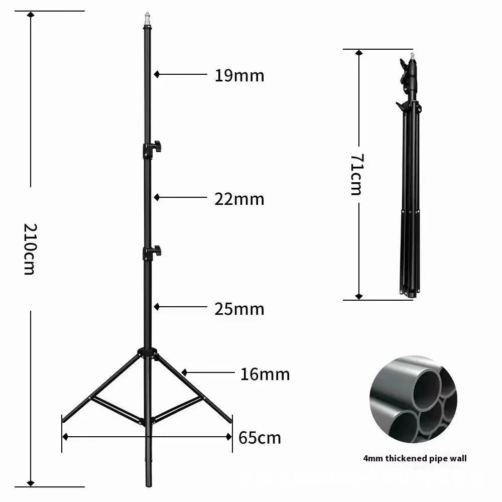 Tripod light stand with mobile phone holder showing adjustable height and frosted legs
