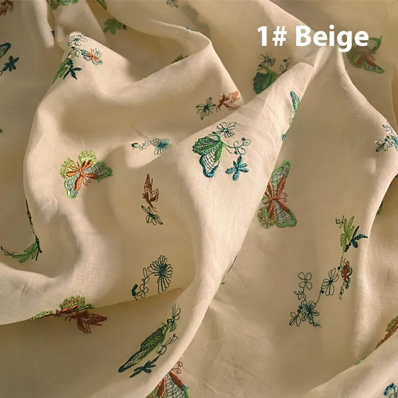Pure ramie fabric in beige, grass green, and dark green, showing 140cm width.
