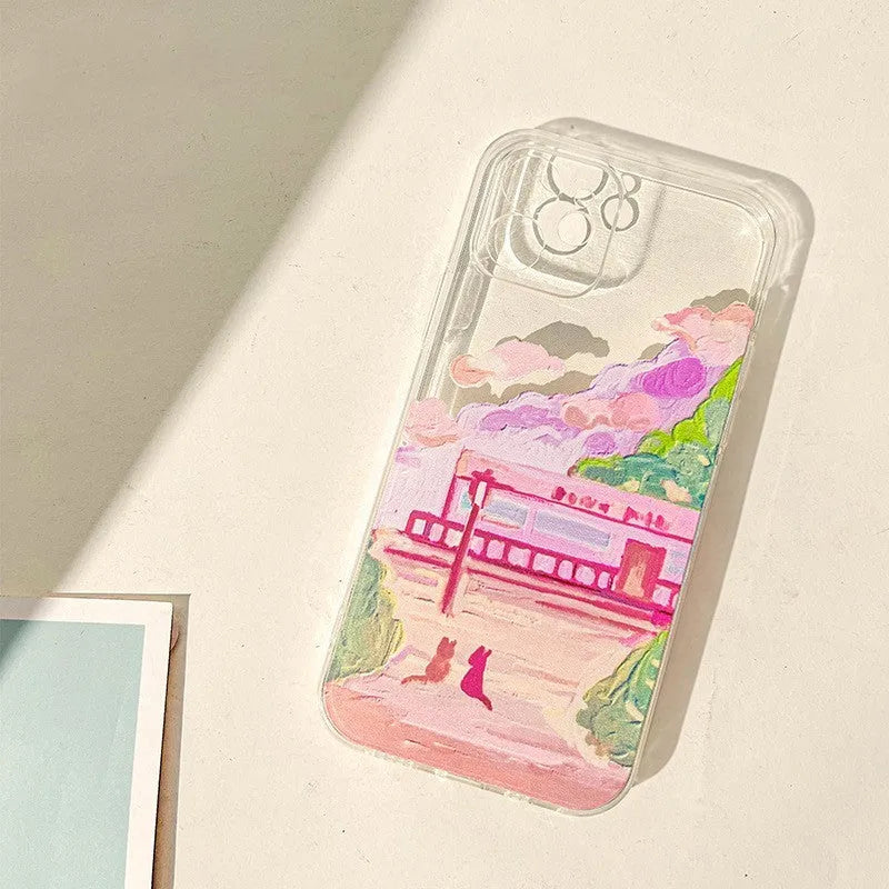 Soft silicone mobile phone case for iPhone with a colourful cartoon design of two cats on the back.