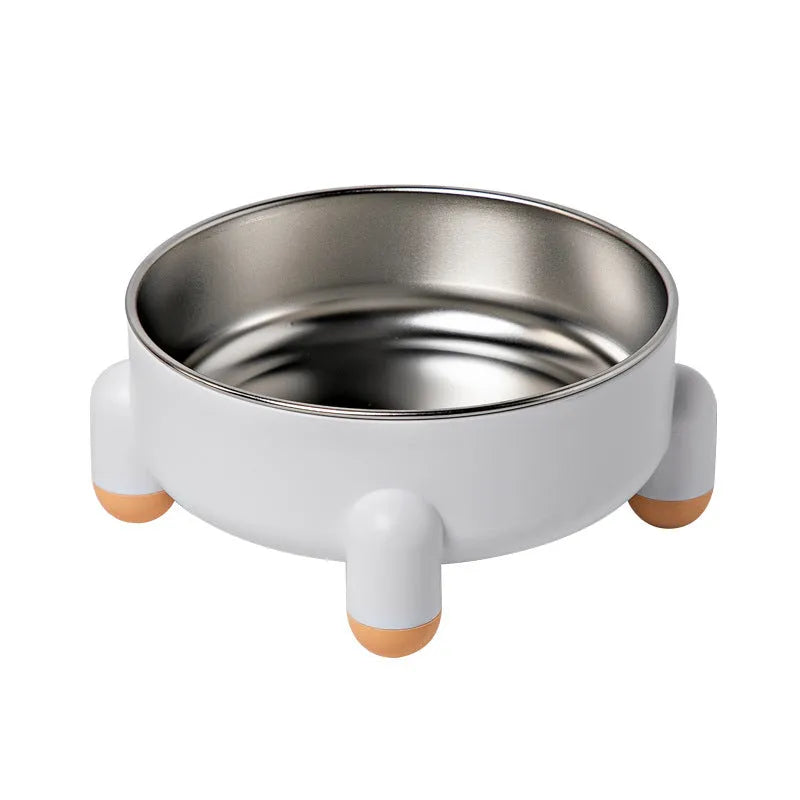 Stainless steel pet bowl with high foot design in green, pink, and white colour options