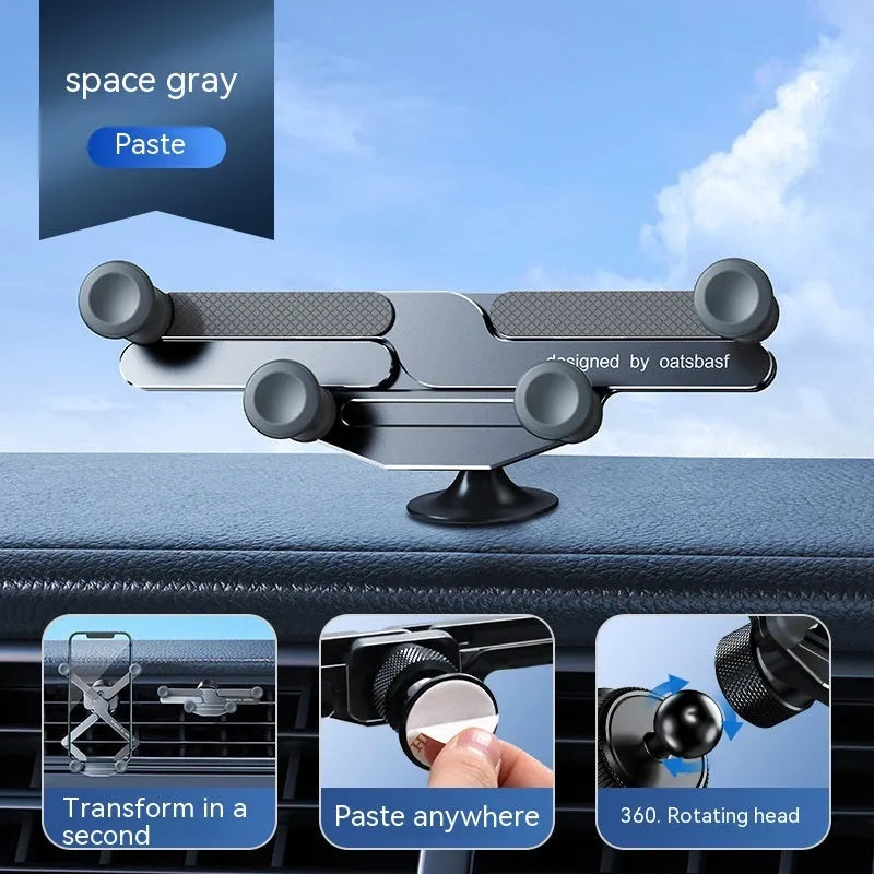 Aluminium alloy snap-on car phone holder shown in black, mounted on a car air vent.