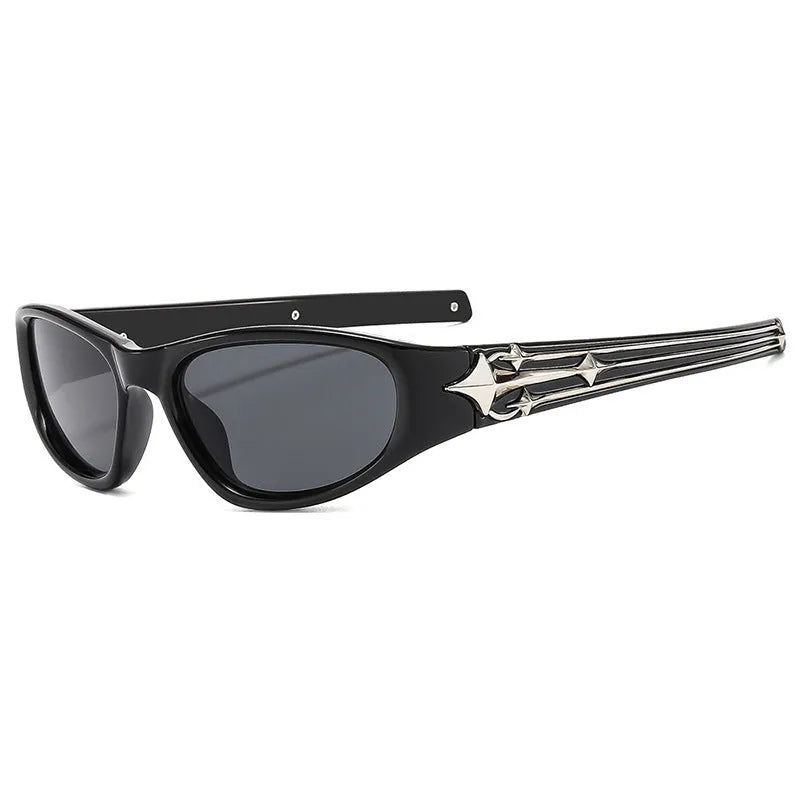 Special-shaped polycarbonate sunglasses with category 3 lenses shown in a black frame and blue lens colour option.