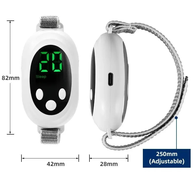 White sleep aid instrument with handheld remote control and wearable bracelet on a charging cable.