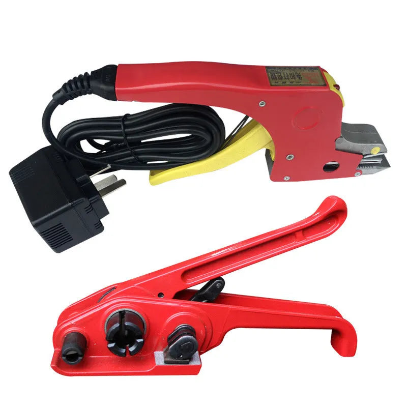 Portable electric hot melt packing machine with plastic steel tensioner and roll of yellow packaging tape.