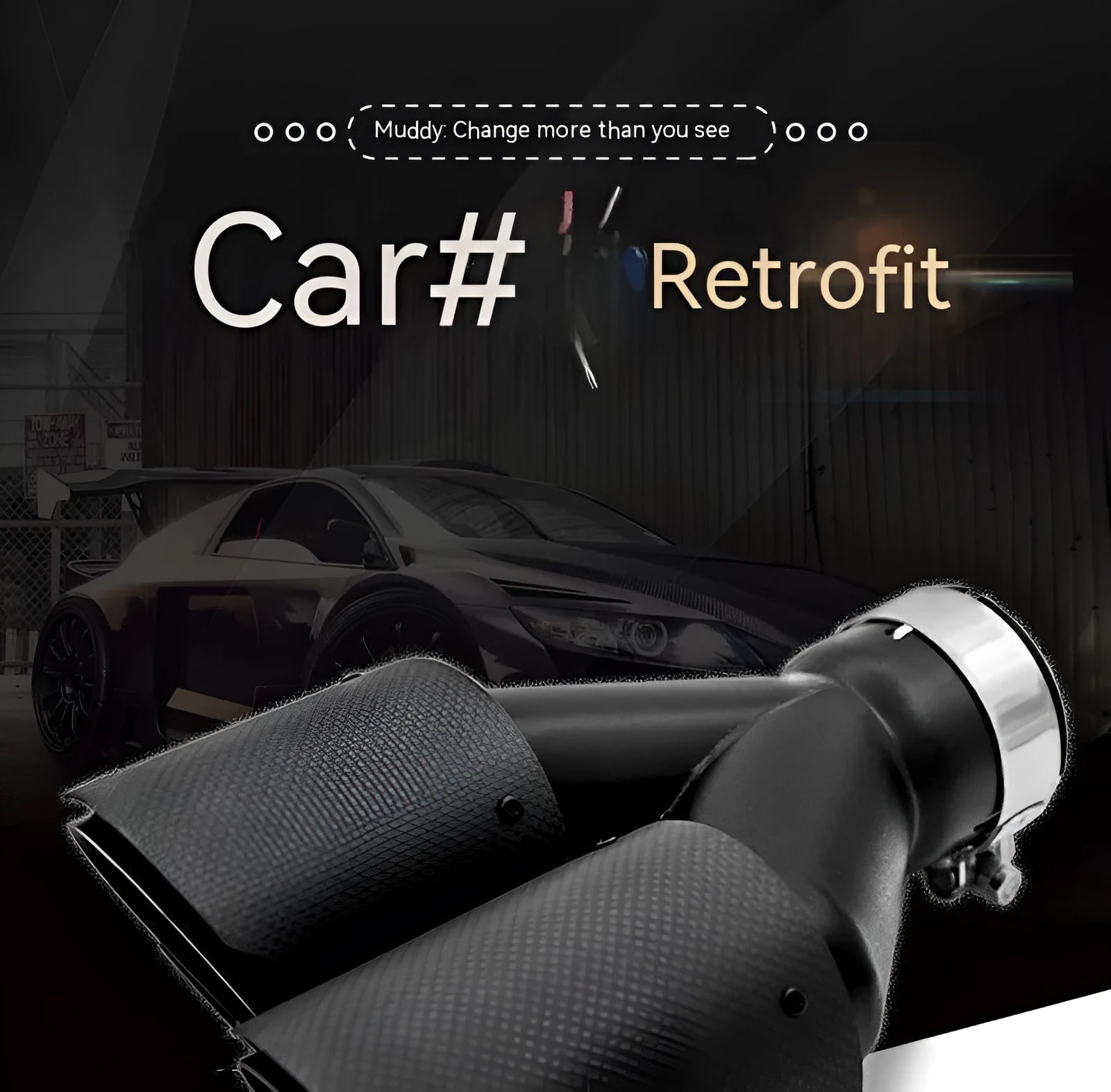 Black carbon fibre car exhaust silencer pipe with dual outlets, one nozzle open and one closed, showing 250mm length.