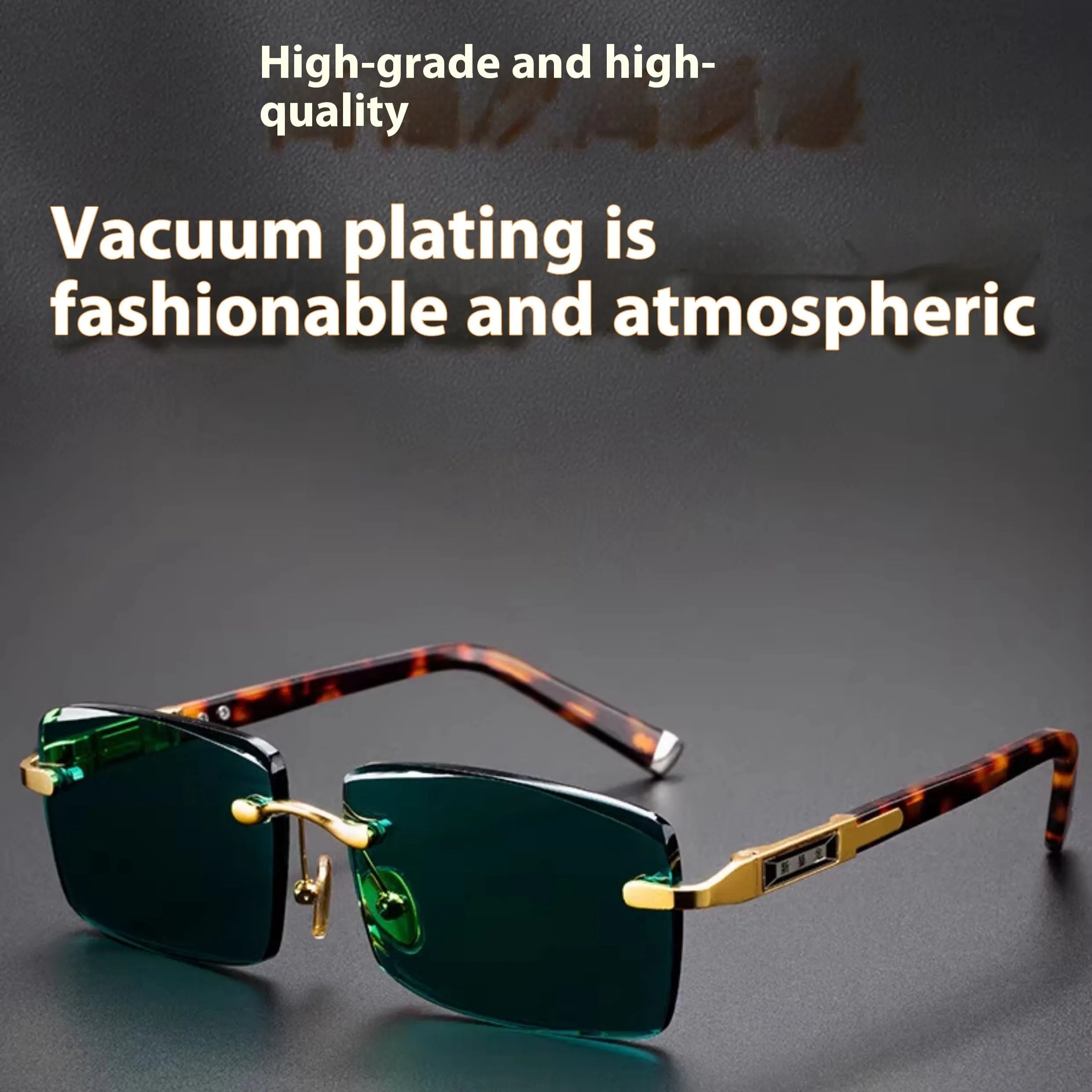 Dark green frameless crystal sunglasses with a glasses case and cleaning cloth.