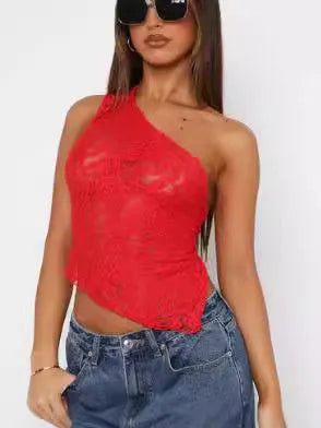 Women's slim-fit lace-back vest top with asymmetrical neckline in solid colour