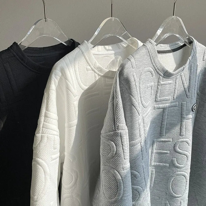 Men's grey retro loose fit T-shirt with raised three-dimensional letter pattern on front