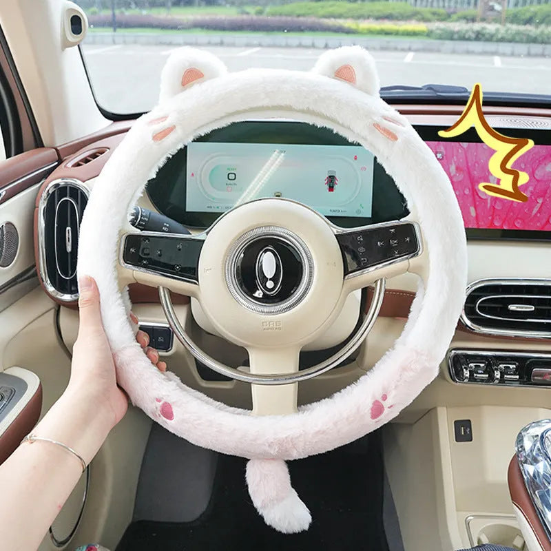 Winter plush steering wheel cover with embroidered cartoon animal design on 38cm steering wheel