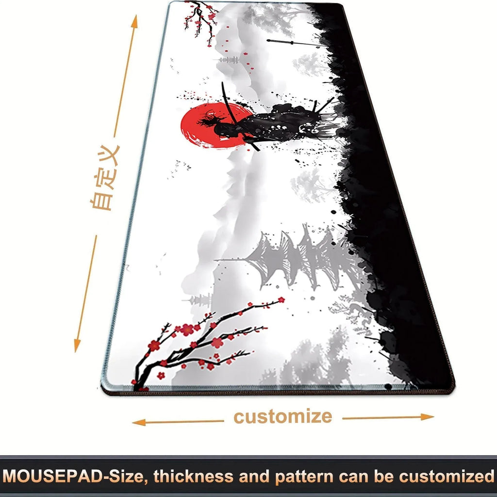 Japanese Samurai design gaming mouse pad on a desk, showing non-slip cloth base and thermal transfer print.