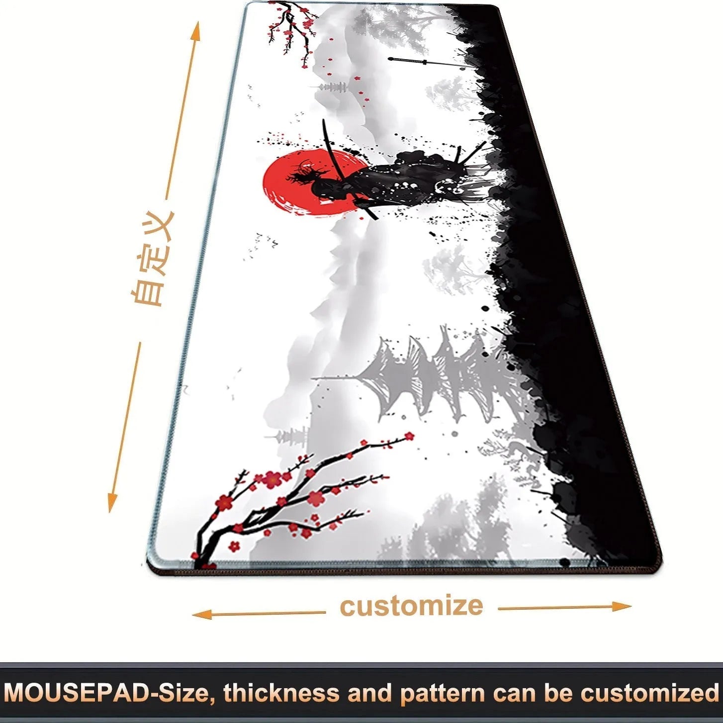 Japanese Samurai design gaming mouse pad on a desk, showing non-slip cloth base and thermal transfer print.