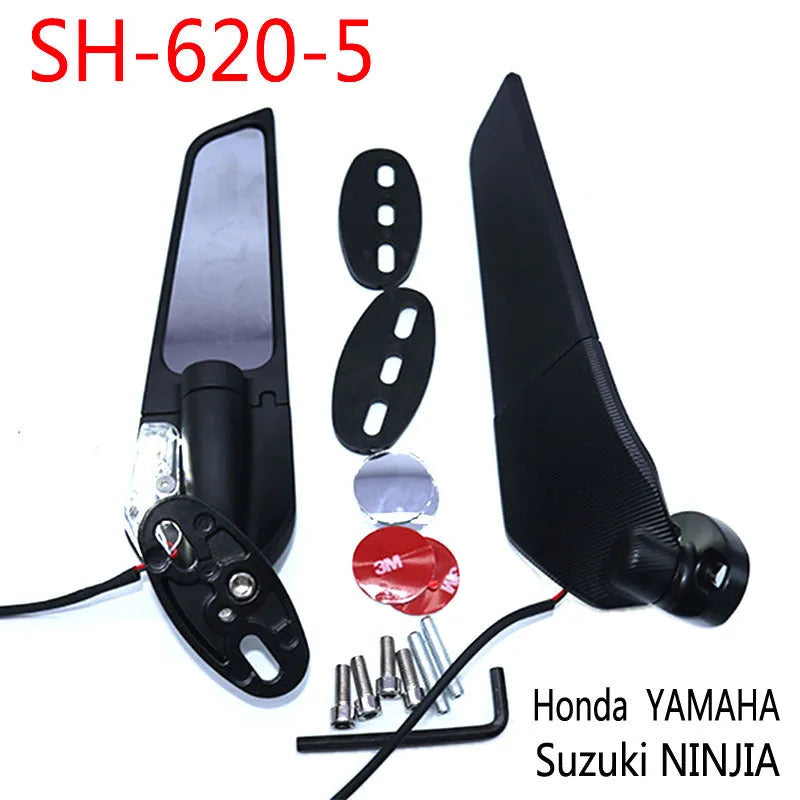 SH-620-5 motorcycle rearview mirror reflector with integrated yellow light, showing aluminium alloy body and convex glass lens