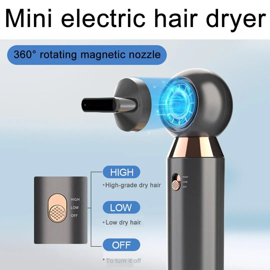 Compact leafless hair dryer with diffuser attachment showing 20cm length and lightweight design