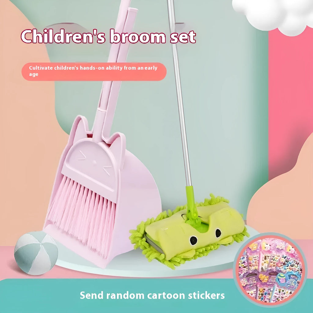 Plastic broom and dustpan set in beige, green, or purple with rotating brush holder
