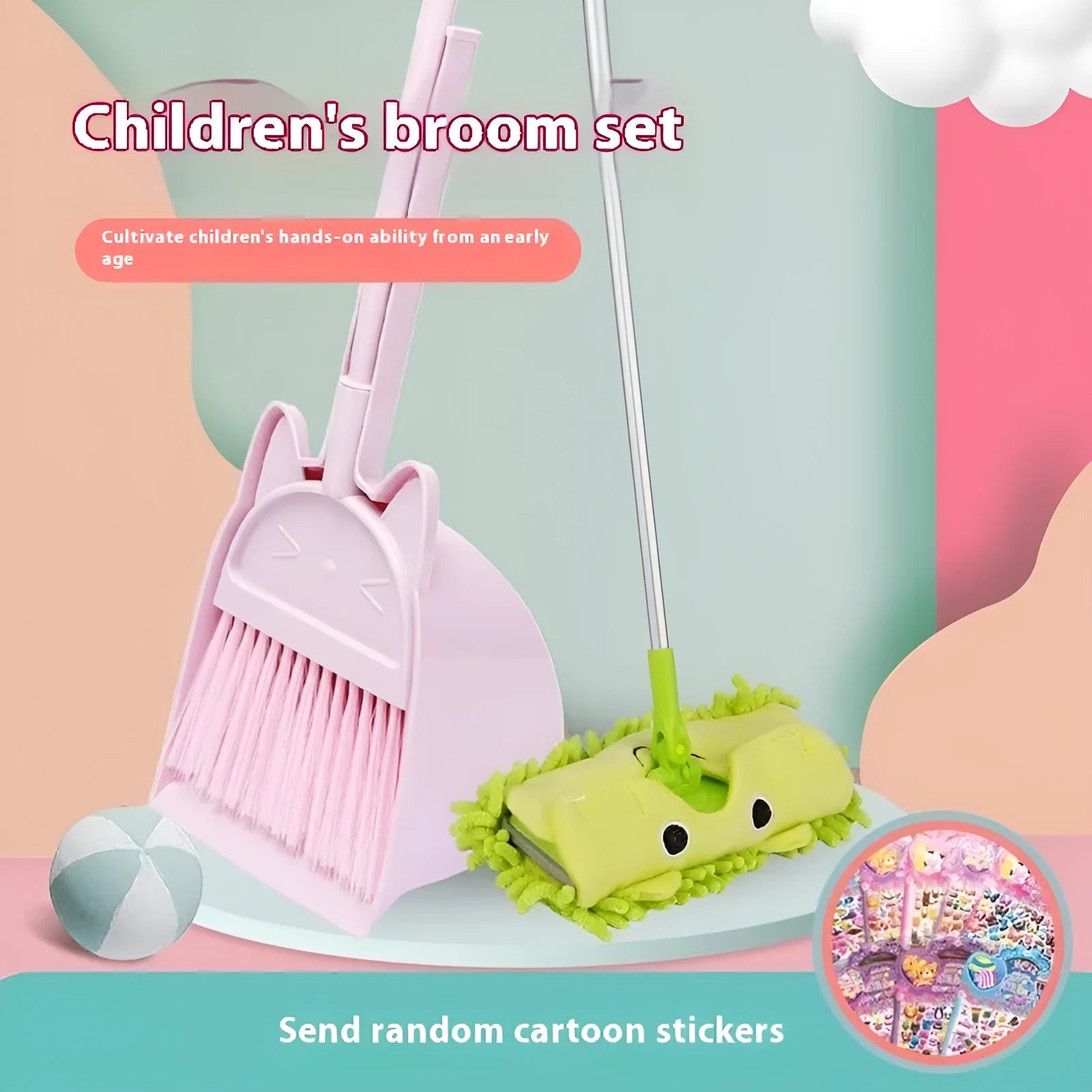 Plastic broom and dustpan set in beige, green, or purple with rotating brush holder