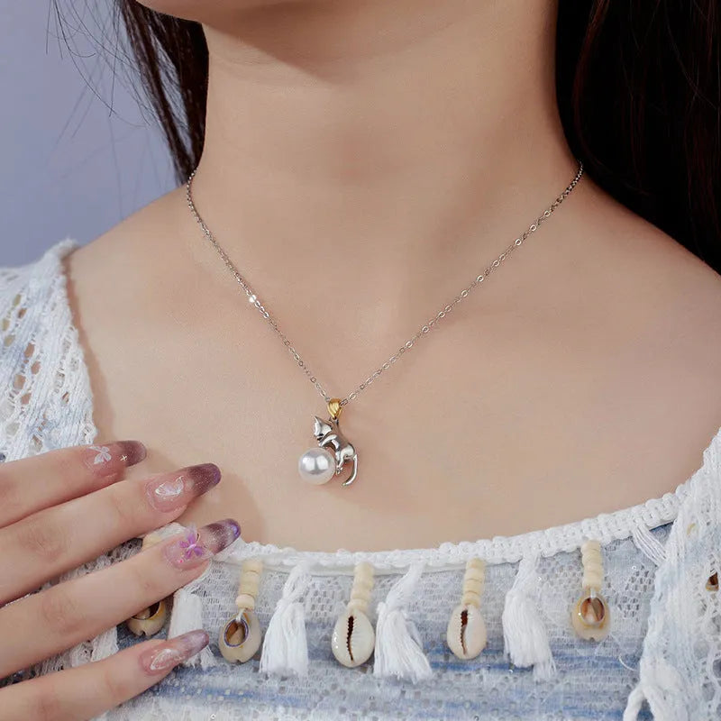 925 sterling silver clavicle chain necklace with cat motif and electroplated finish