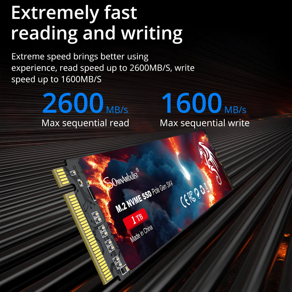 M.2 NVMe solid state drive for desktop computers showing 80mm x 22mm dimensions