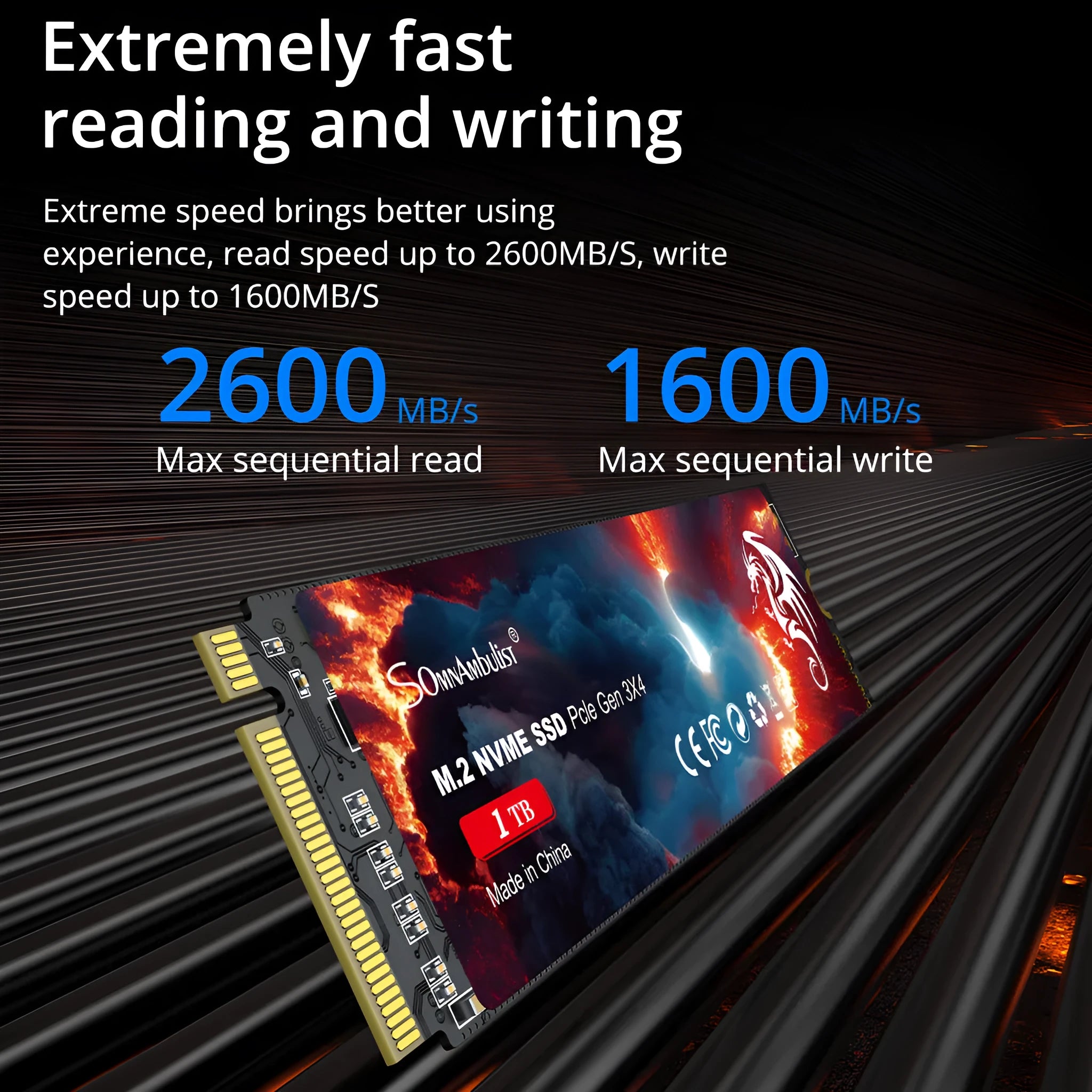 M.2 NVMe solid state drive for desktop computers showing 80mm x 22mm dimensions