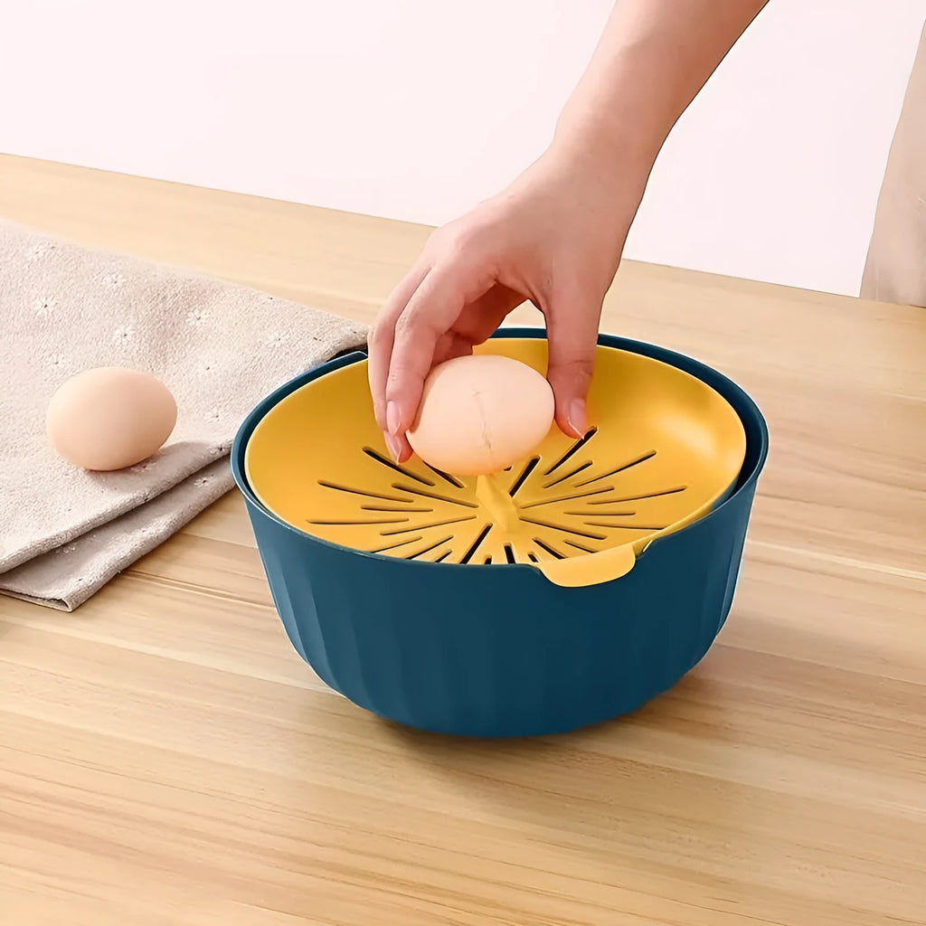 Home kitchen egg yolk and white separator in PP plastic, showing three colour options blue yellow, Nordic green, and apple red.