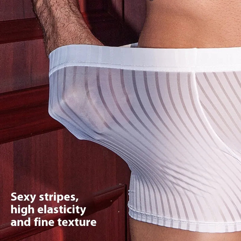 Men's black striped boxer briefs made from elastic nylon fabric.