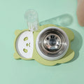 Grey panda-shaped automatic water bowl for cats with tilted feeding design and 17 oz water bottle