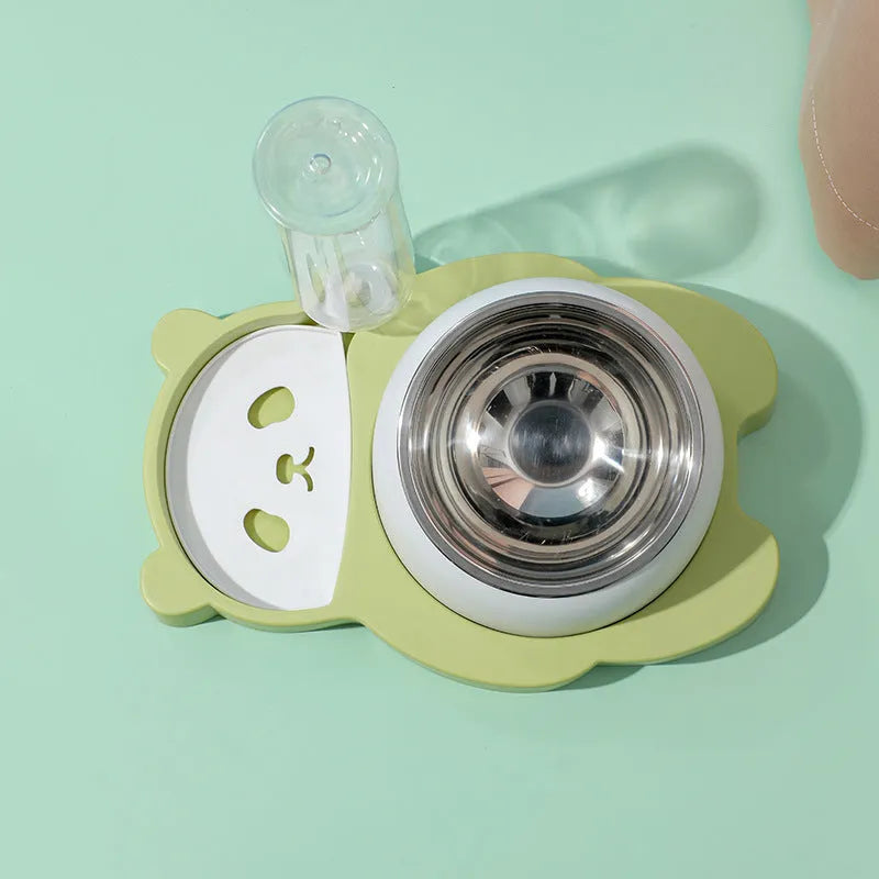 Grey panda-shaped automatic water bowl for cats with tilted feeding design and 17 oz water bottle