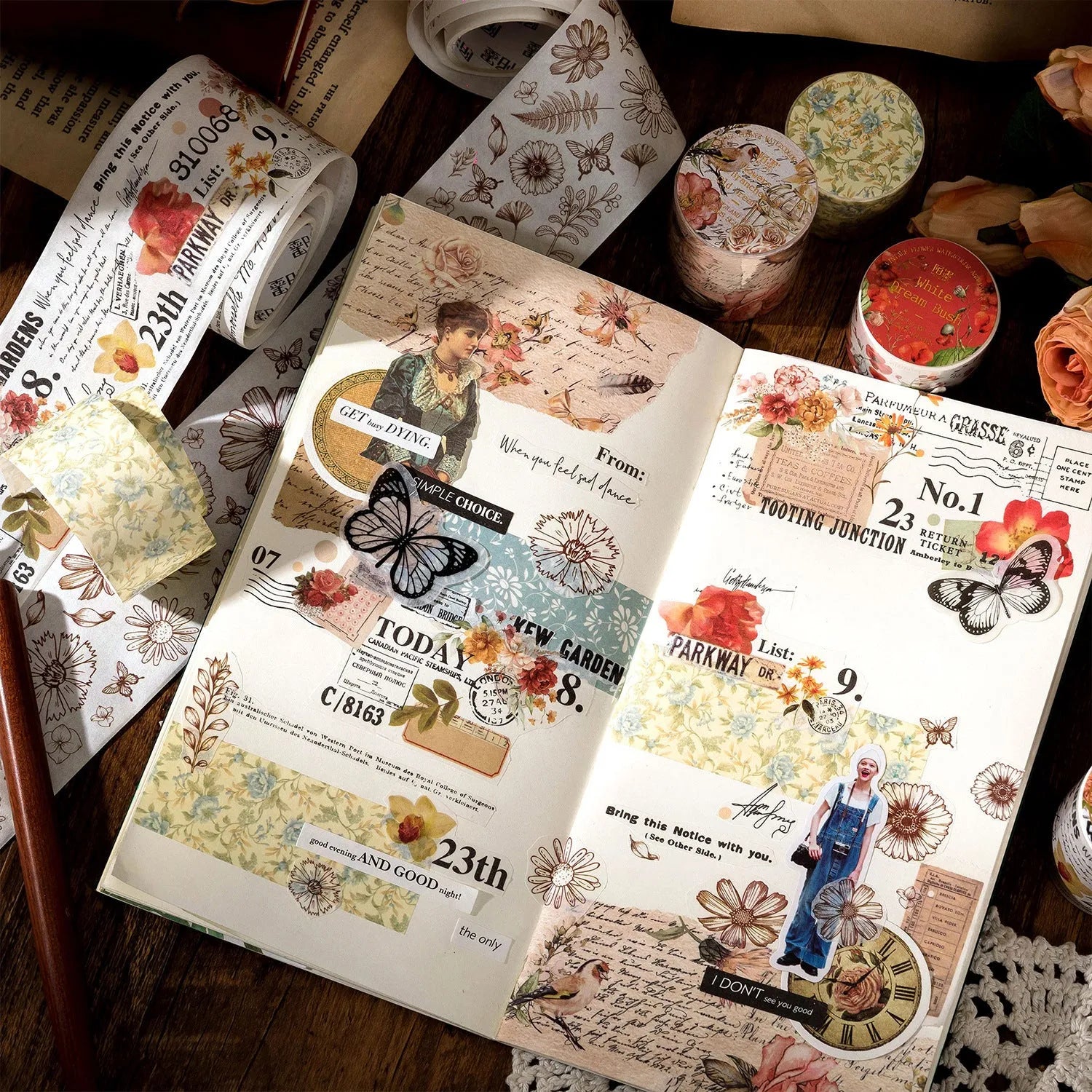 Roll of vintage floral watercolour decorative tape on a Japanese paper base, showing designs like Fog Mountain Forest.