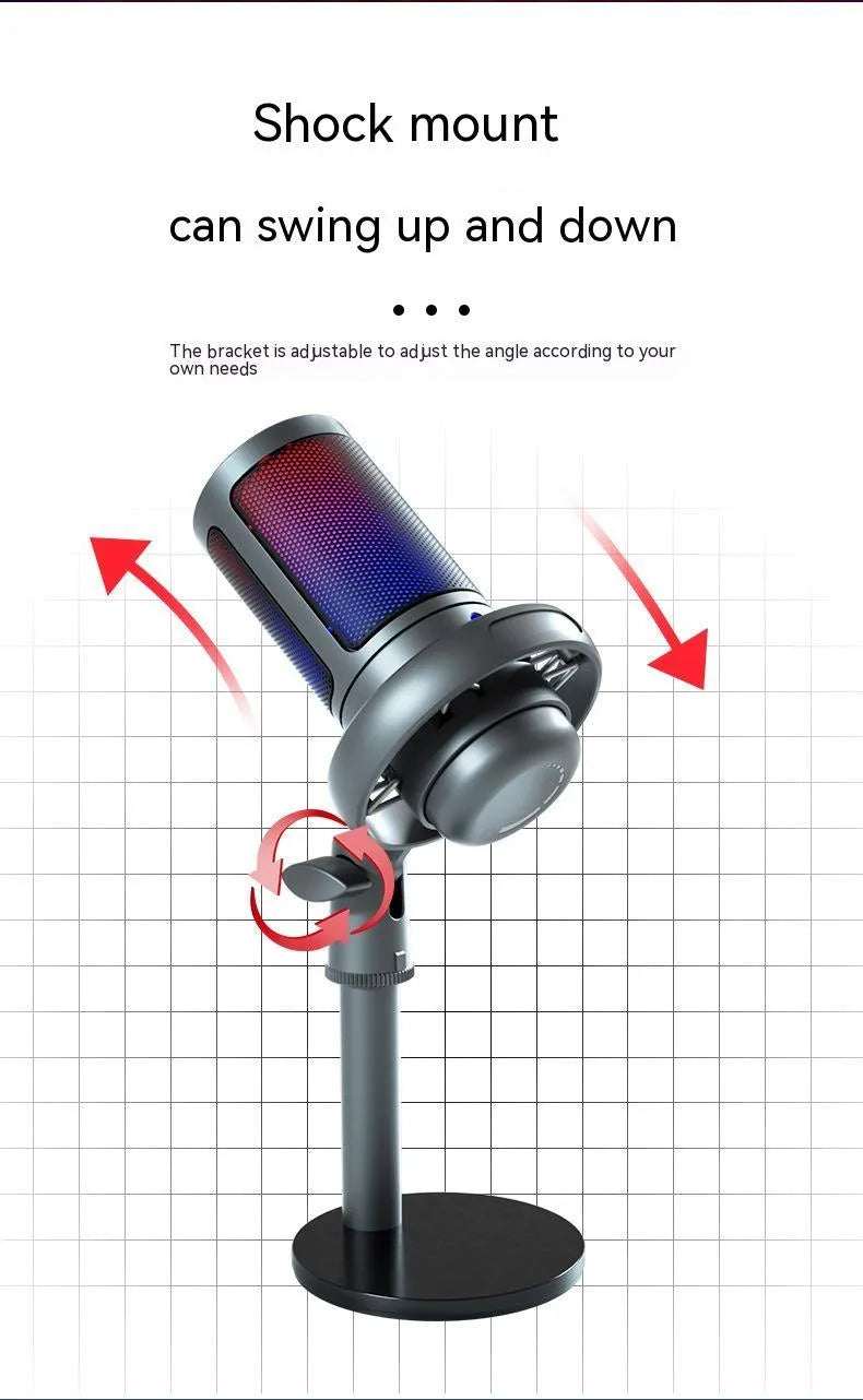 Condenser microphone with RGB lighting in black, white, or pink colours for live streaming